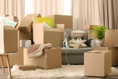 Professional movers carrying household items in a Westminster apartment building