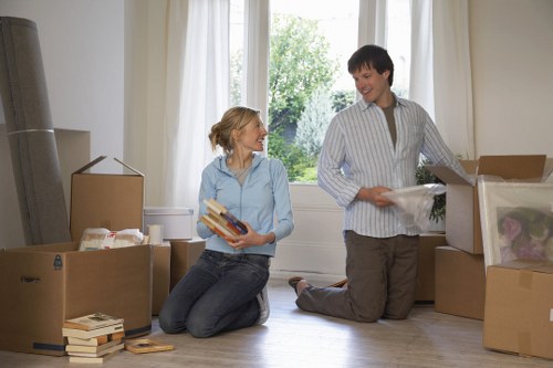 Packed boxes and protected furniture ready for a Westminster moving day